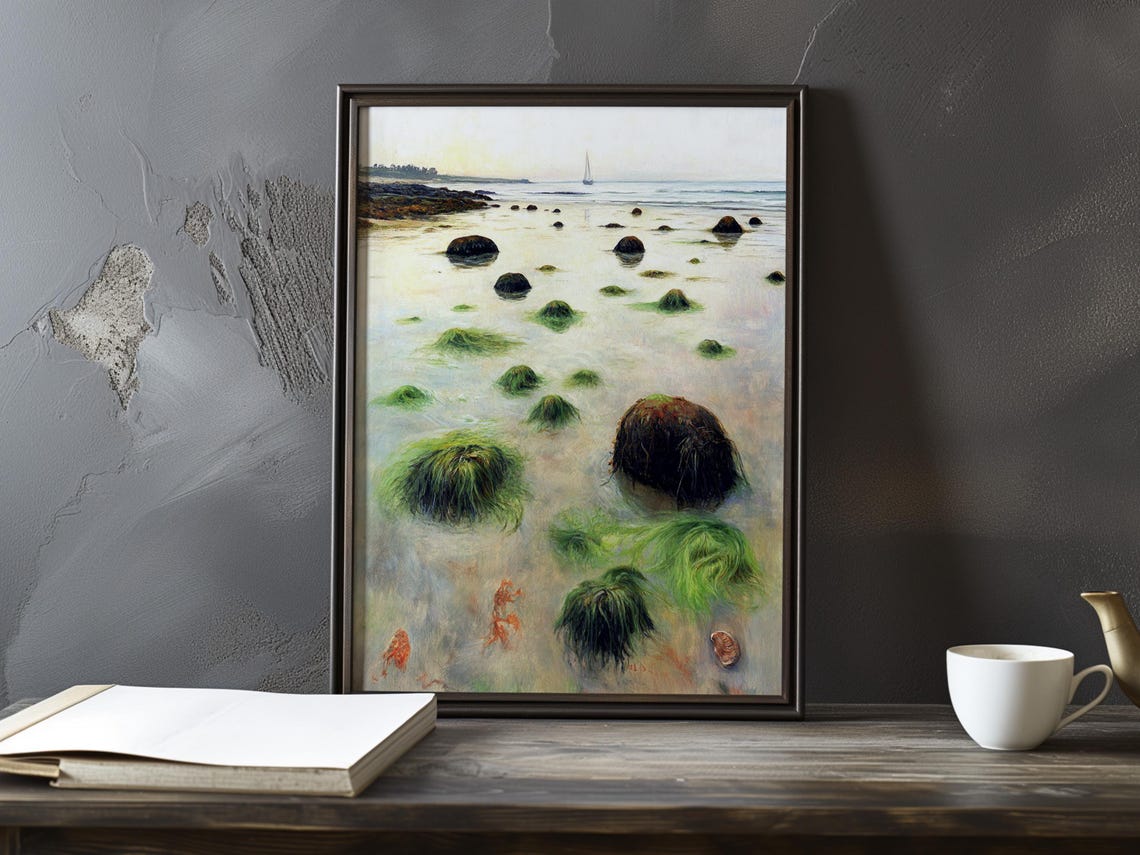 Tidal Pool with Seaweed Tufts and a Dark Rock Impressionist Poster