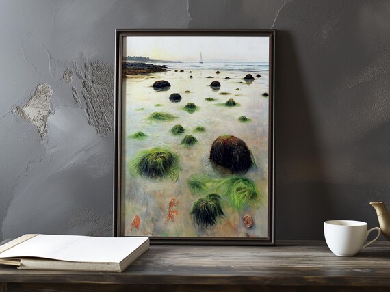 Tidal Pool with Seaweed Tufts and a Dark Rock Impressionist Poster