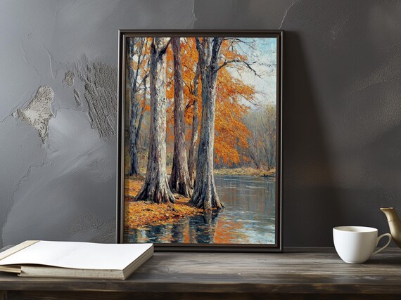 Massive Tree Trunks With Orange Foliage by the Water Painting Poster