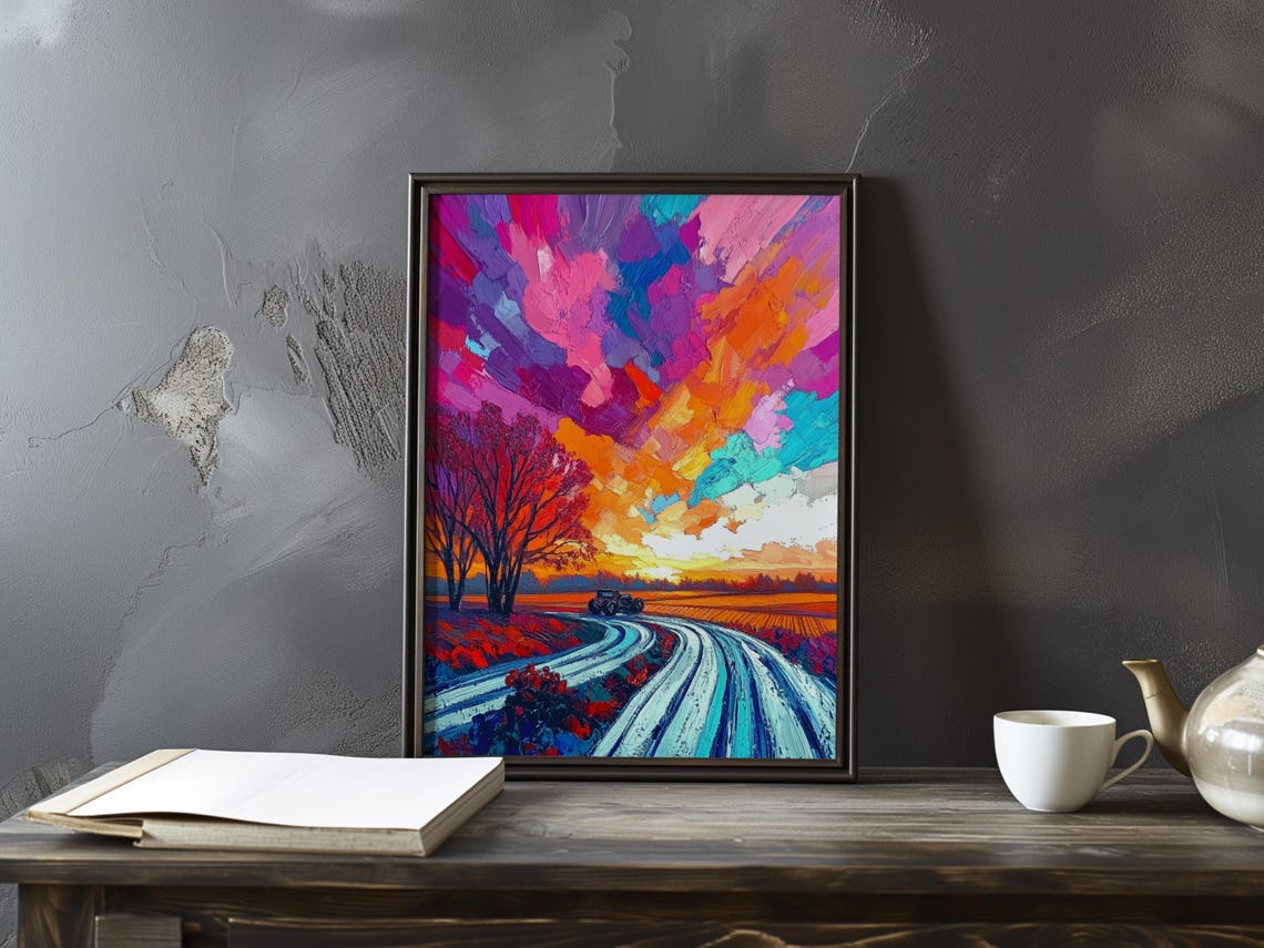 Bold Tractor Field Curved Road Dramatic Pink Orange Sunset Poster