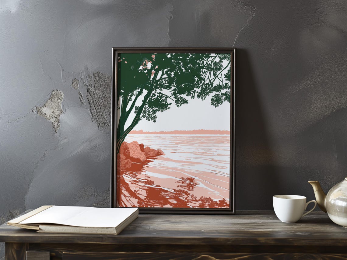 Terracotta Lake Shoreline With Dark Tree Silhouette Art Poster