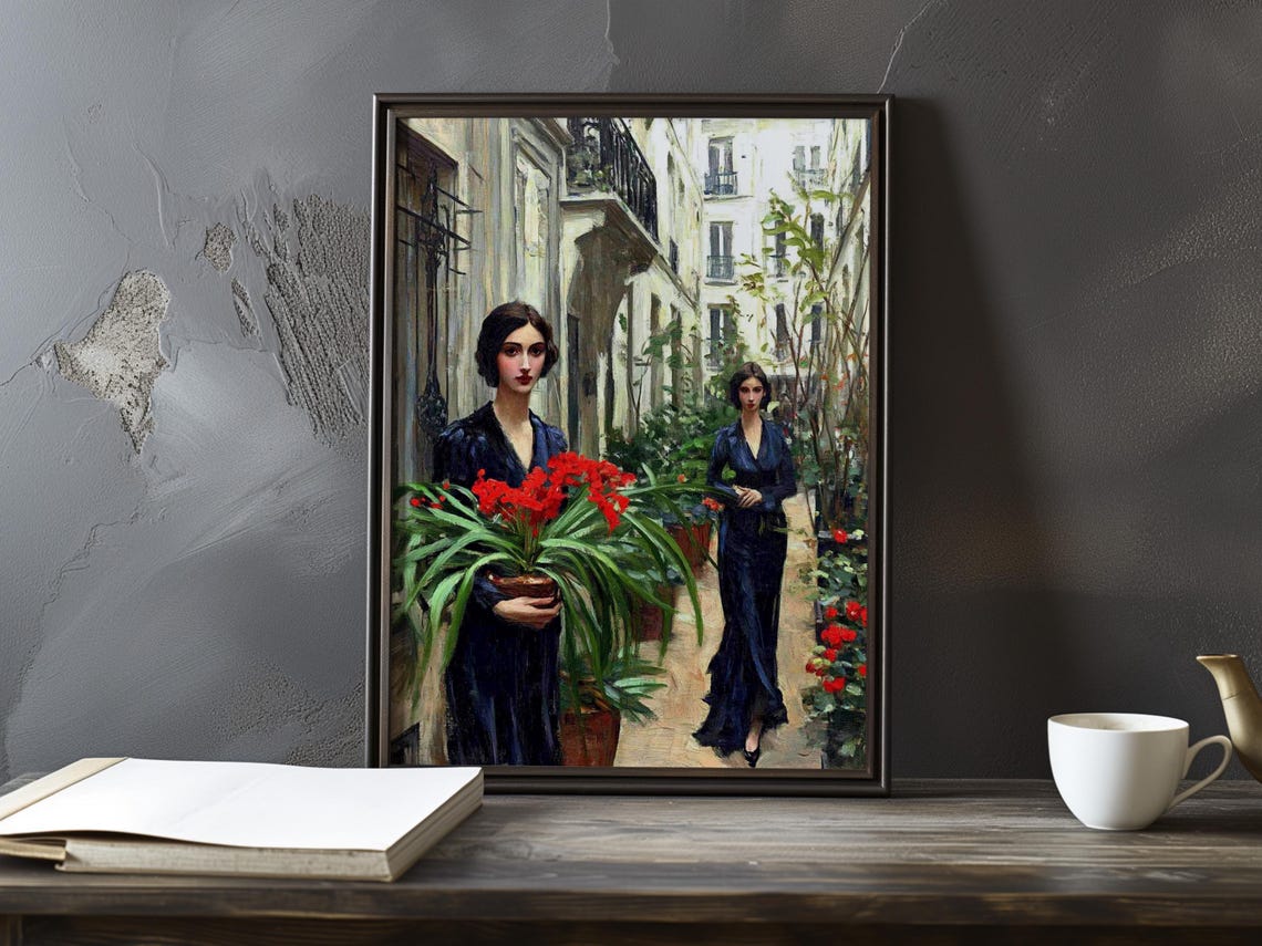 Two Women with Red Flowers in a Paris Courtyard Vintage Poster