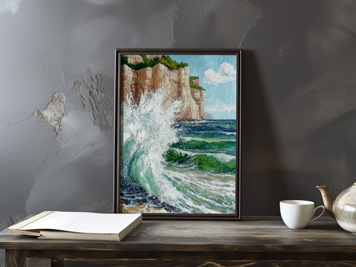 Tall Green Breaker Against a Pale Chalk Seaside Cliff Poster