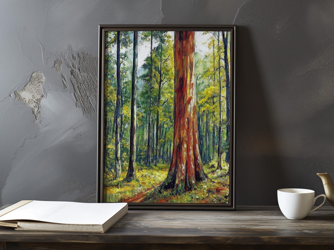 Red Barked Tree Trunk Among Slender Forest Trees Impressionist Poster