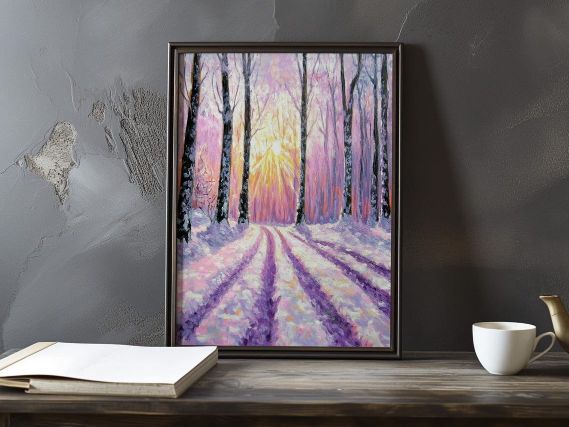 Snowy Forest Road Beneath a Pink Sunset Glow Impressionist Poster