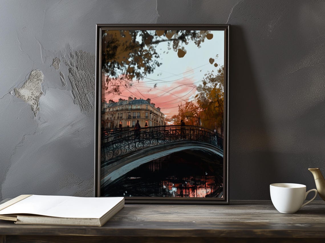 Sunset Over an Iron Footbridge Spanning the Seine in Paris Poster