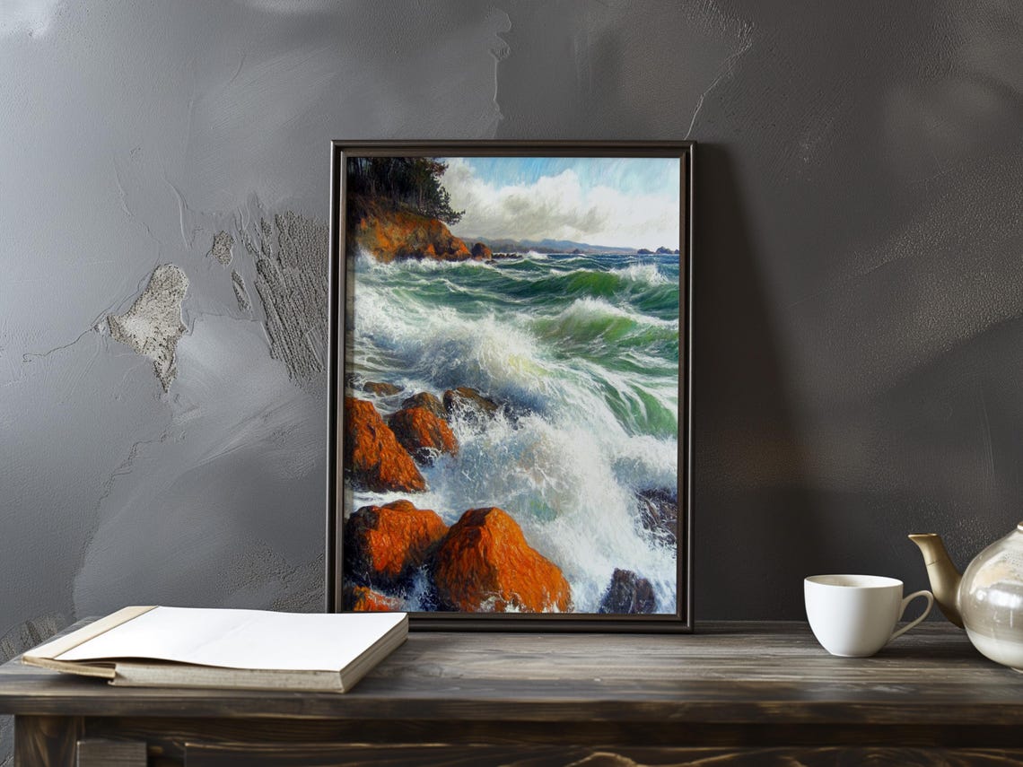 Churning White Surf Swirling Around Red Coastal Rocks Poster