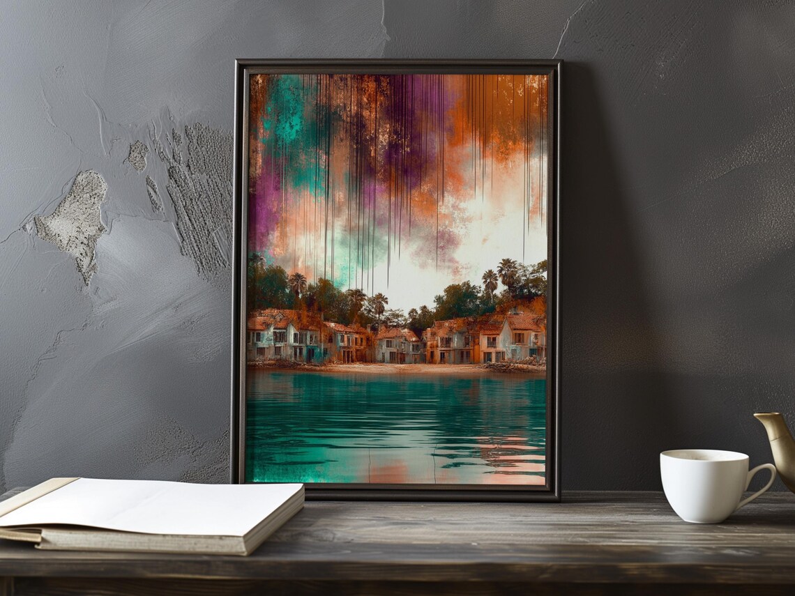 Seaside Village With Turquoise Water And An Abstract Dusk Sky Poster