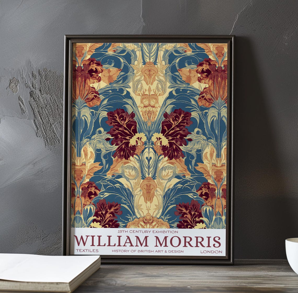 William Morris Steel Blue Maroon Gold Botanical Exhibition Poster