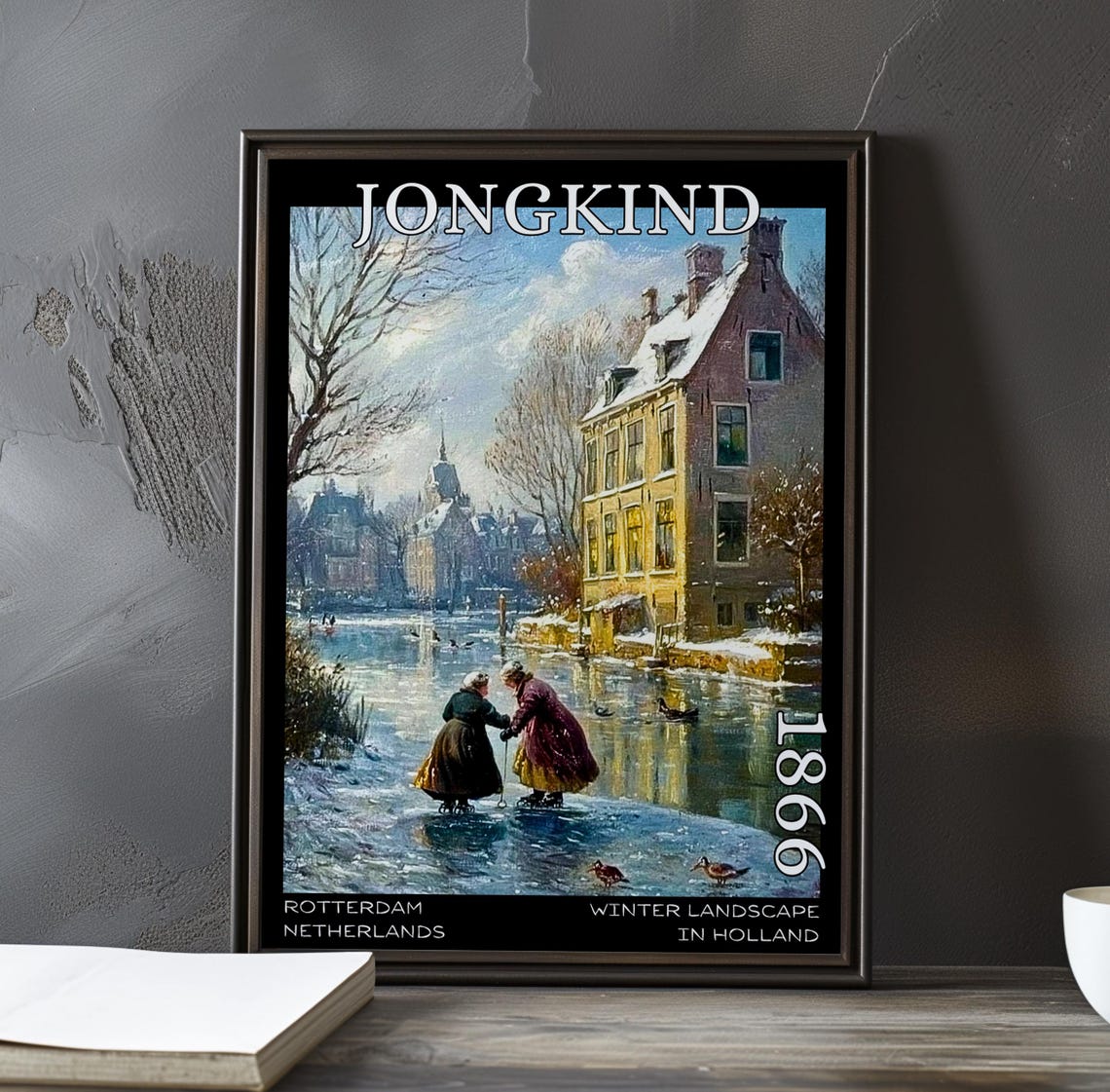 Jongkind 1866 Two Women Skating on a Bright Frozen Dutch Canal Poster