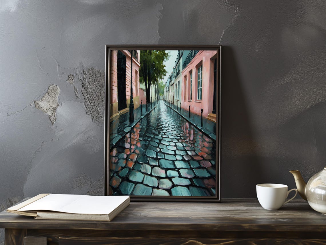 Pink Walled Paris Alley With Rain Slicked Cobblestone Road Poster