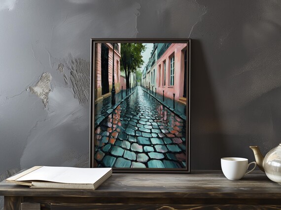 Pink Walled Paris Alley With Rain Slicked Cobblestone Road Poster