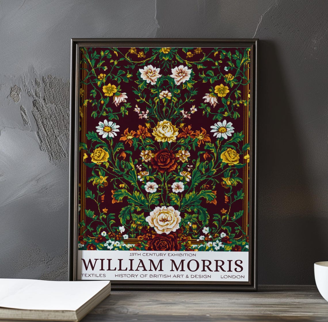 William Morris Symmetrical Gold Rose Pattern on Burgundy Poster