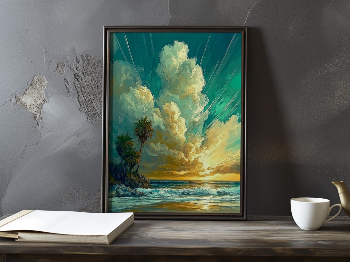 Tropical Coast with Palm Trees Under Towering Sunset Clouds Poster