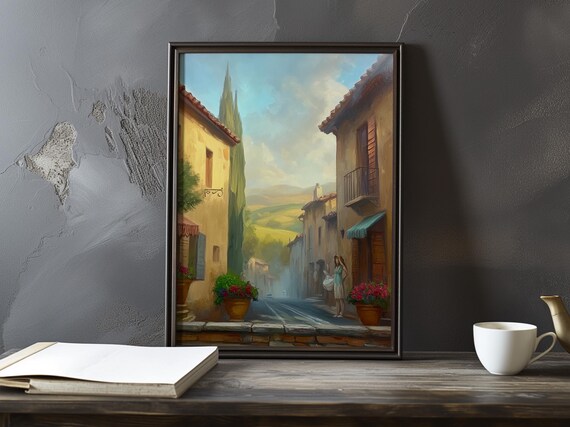 Golden Tuscan Street With Cypresses Flowers And A Woman Poster