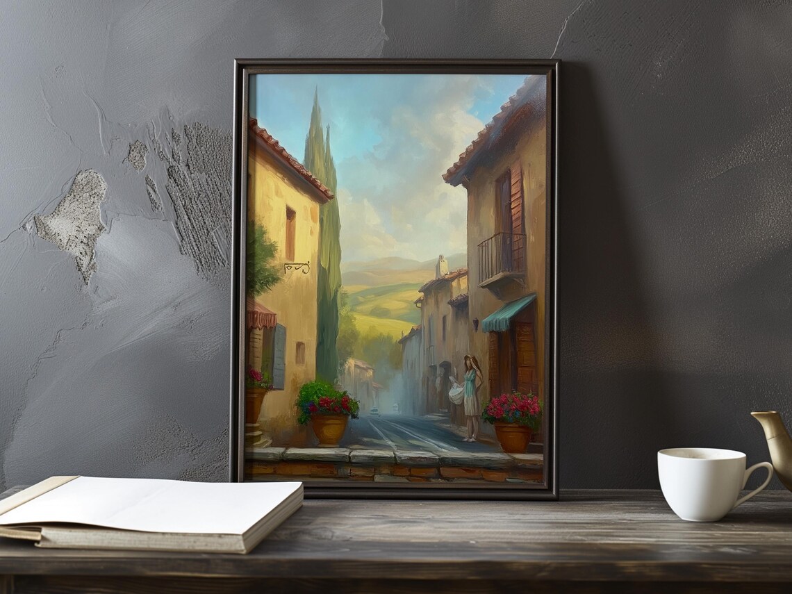 Golden Tuscan Street With Cypresses Flowers And A Woman Poster