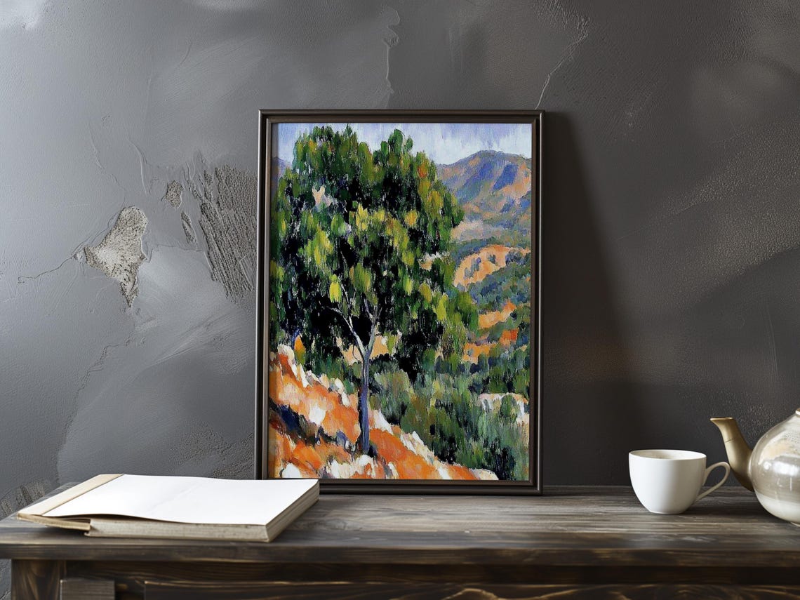 Cezanne-Inspired Solitary Tree on a Rocky Orange Hillside Poster