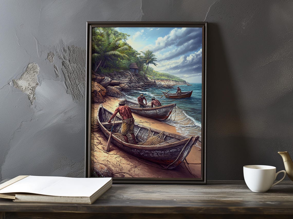 Tropical Fishermen Launching Wooden Boats From A Palm Beach Poster