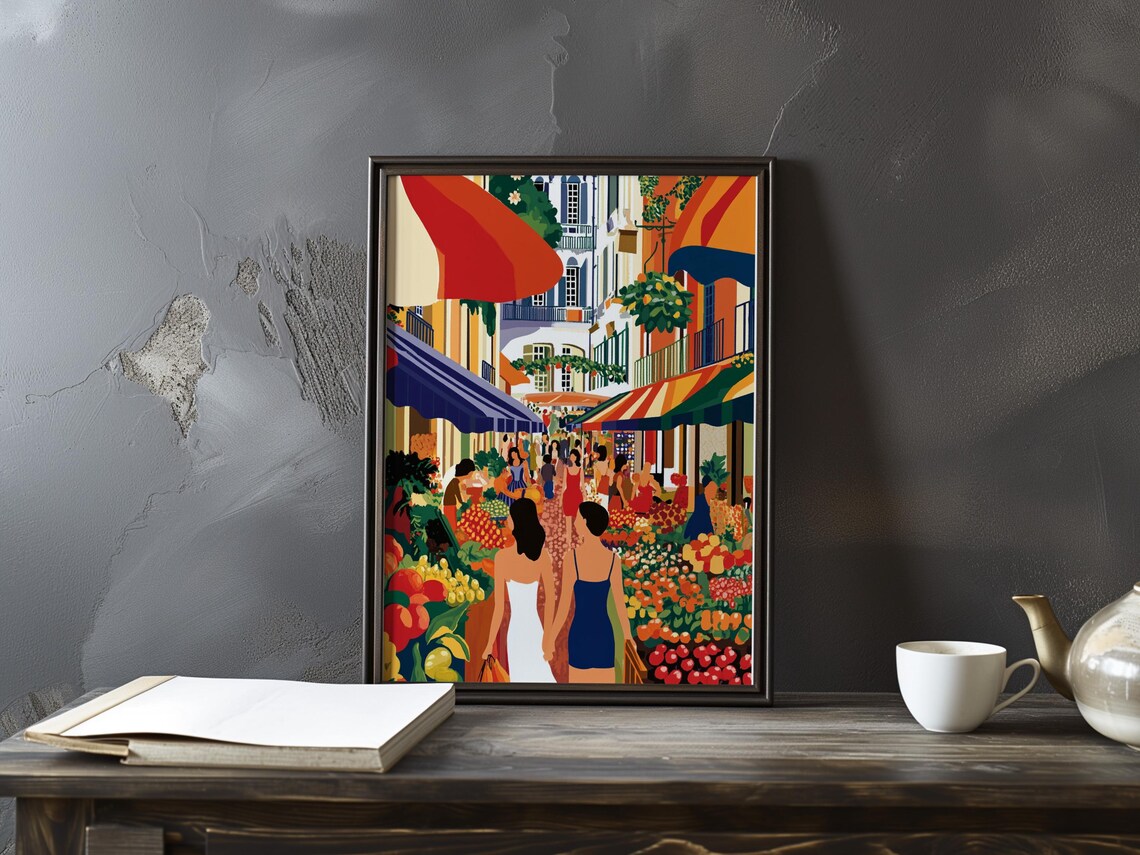 Colorful Outdoor Market Street with Stalls Fauvist Style Art Poster