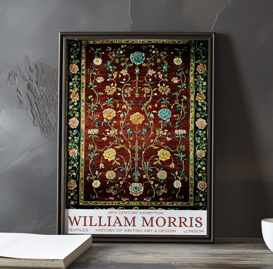 William Morris Delicate Wildflower Tapestry on Deep Red Poster