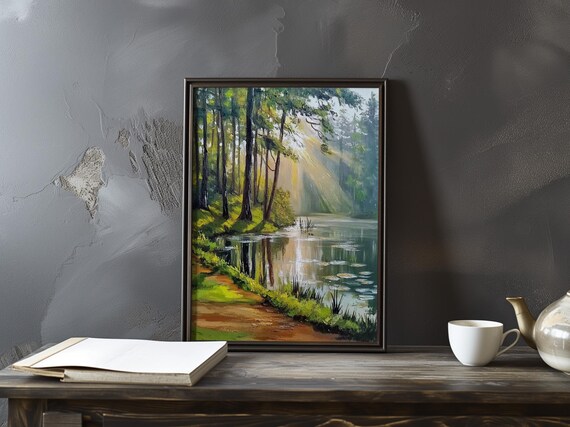 Sunlit Pine Forest Lake Reflection Morning Light Serene Woodland Poster
