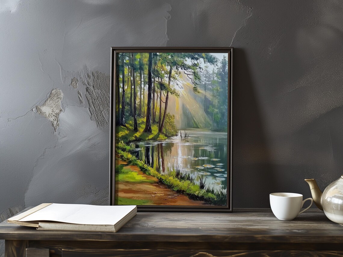 Sunlit Pine Forest Lake Reflection Morning Light Serene Woodland Poster