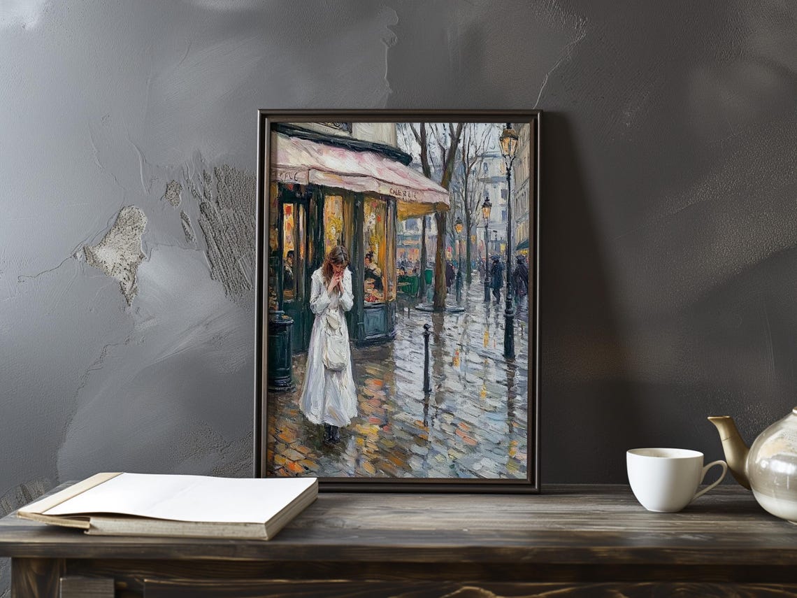 Woman in White Coat by a Rainy Paris Cafe Corner Booth Poster