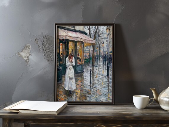 Woman in White Coat by a Rainy Paris Cafe Corner Booth Poster