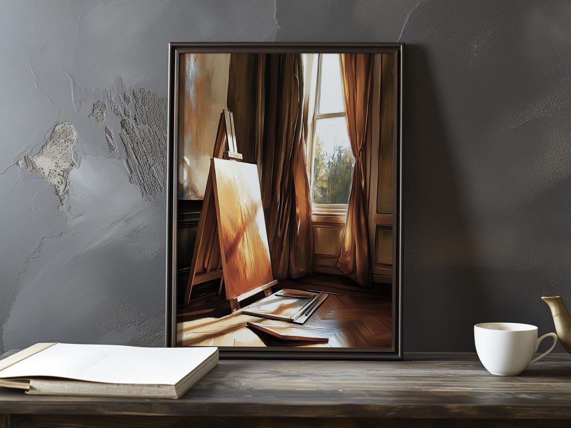 Amber Lit Easel by Draped Window Artist Studio Interior Poster