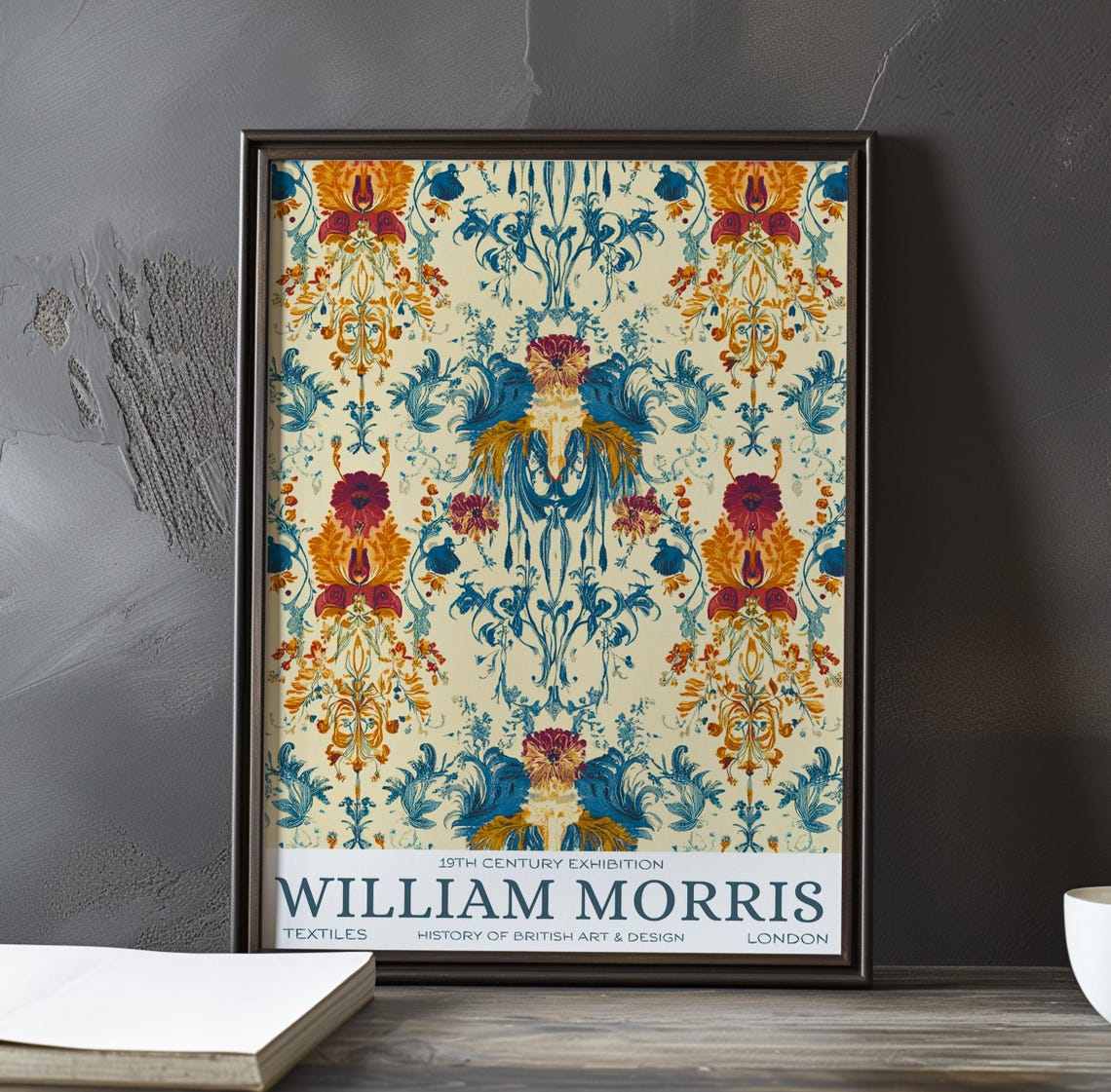 William Morris Blue Gold Bird Floral Textile Exhibition Poster