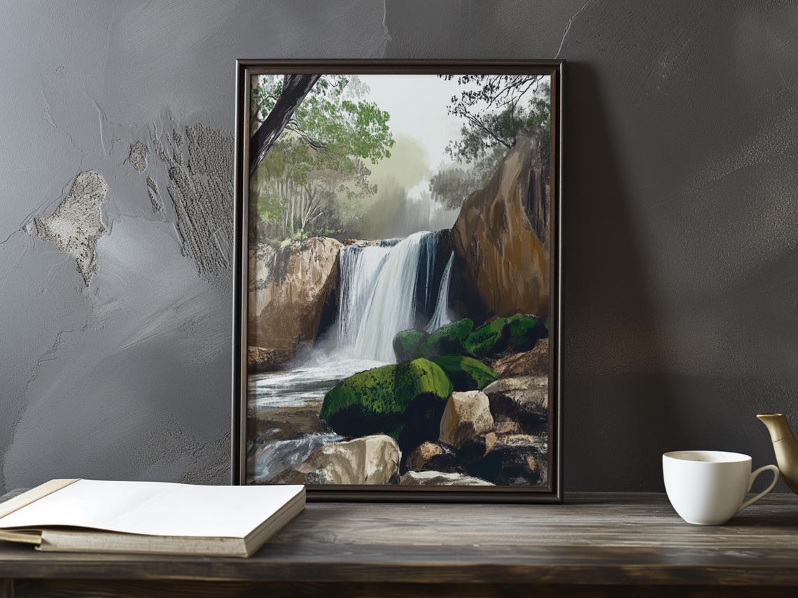 Misty Forest Waterfall Cascading Over Moss-Covered Rocks Poster