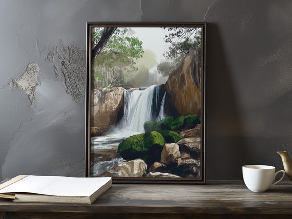 A Waterfall In Forest Setting Gustave Courbet Inspired Impressionist Gallery Print Poster