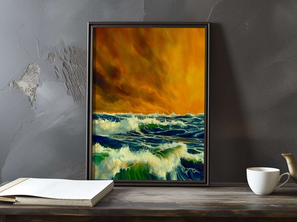 Rolling Ocean Waves under a Fiery Orange Sunset Sky Art Poster
