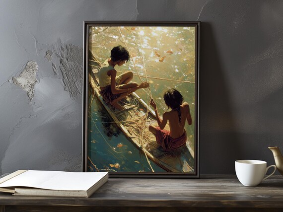 Two Children Fishing From A Boat On Sunlit Golden Water Poster
