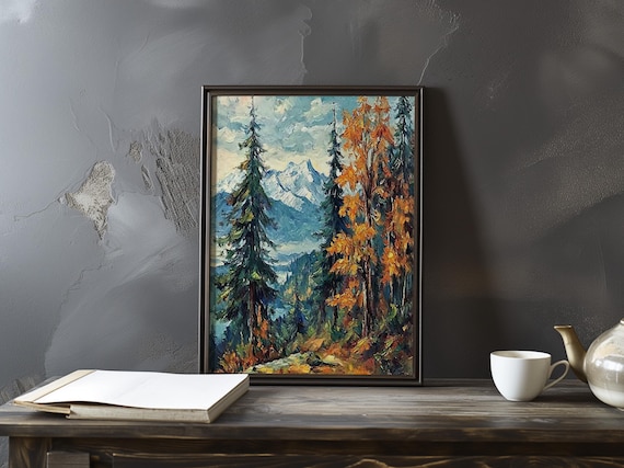 Cezanne-Inspired Snowy Peak Through an Autumn Forest Scene Poster