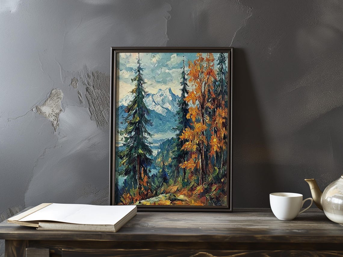 Cezanne-Inspired Snowy Peak Through an Autumn Forest Scene Poster