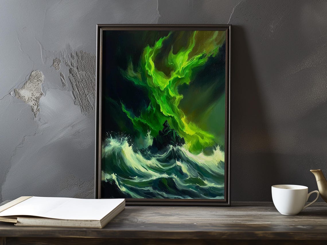 Stormy Sea under Swirling Green Aurora Light Fantasy Art Poster