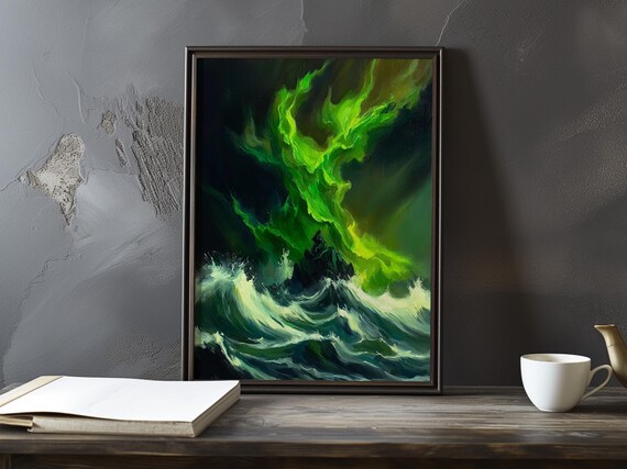 Stormy Sea under Swirling Green Aurora Light Fantasy Art Poster