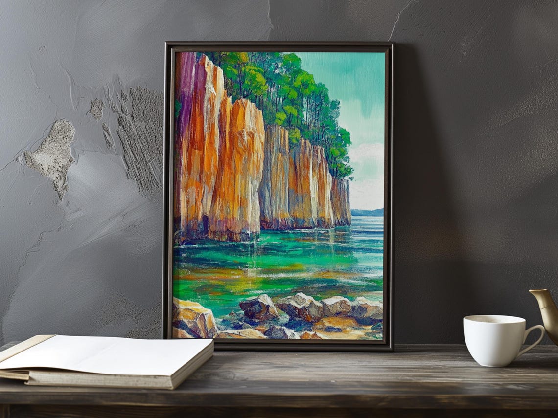 Striped Cliffs and Emerald Water with Rocky Shore Impressionist Poster