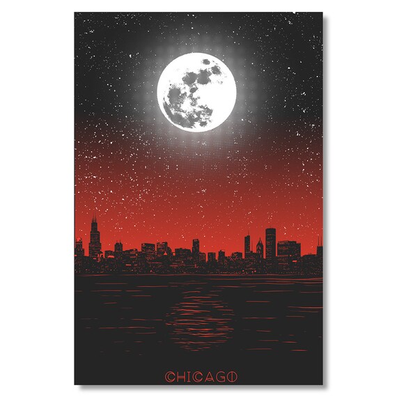 Chicago Moon Night Skyline Red Black Dramatic Sky Vintage Poster