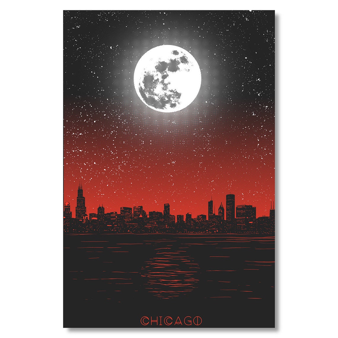 Chicago Moon Night Skyline Red Black Dramatic Sky Vintage Poster