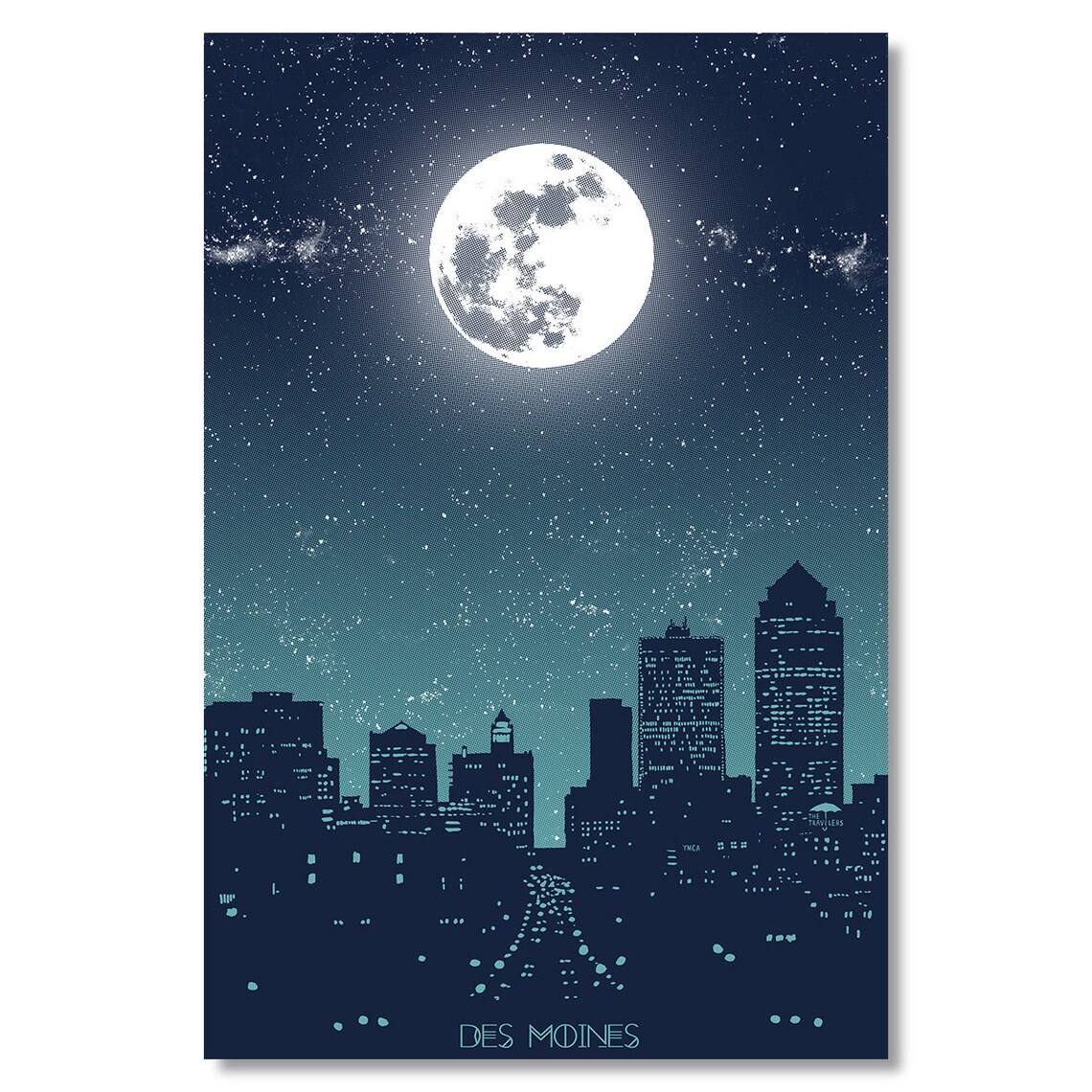 Des Moines Iowa Full Moon Night Skyline Stars Vintage Style Travel Poster