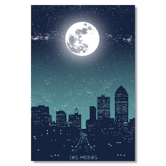 Des Moines Iowa Full Moon Night Skyline Stars Vintage Style Travel Poster