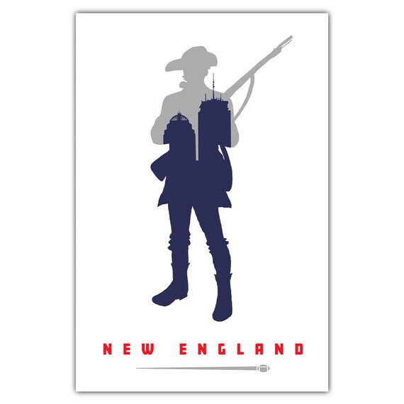 New England Football Minuteman Silhouette Skyline Sports Poster