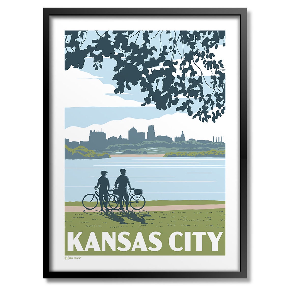 Kansas City Kaw Point Park Cyclists River Skyline Vintage Poster