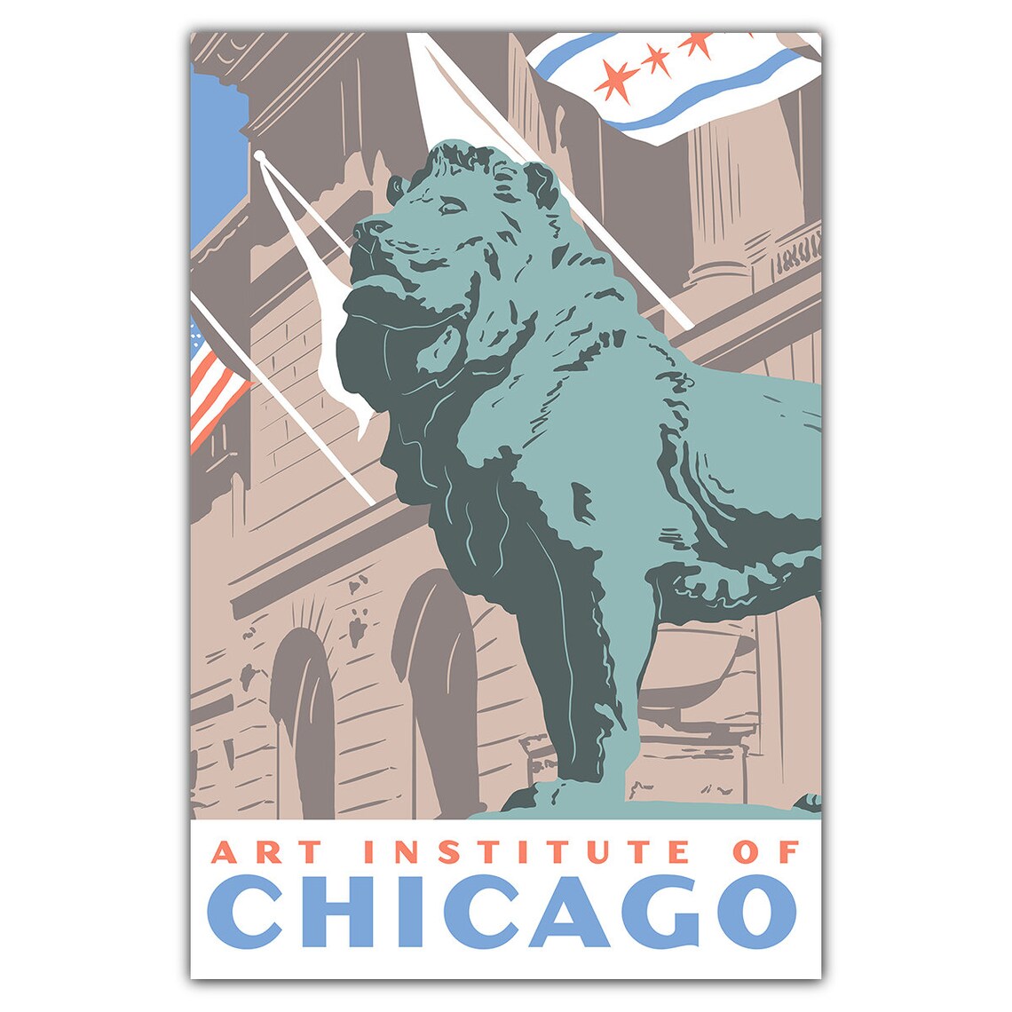 Art Institute of Chicago Bronze Lion Statue Vintage Travel Poster