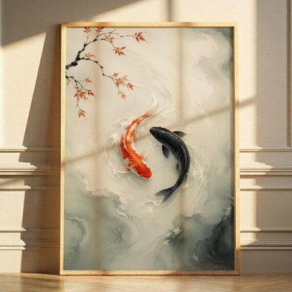 Yin Yang Koi Fish Watercolor Print Japanese Zen Japandi Wall Art Digital Download