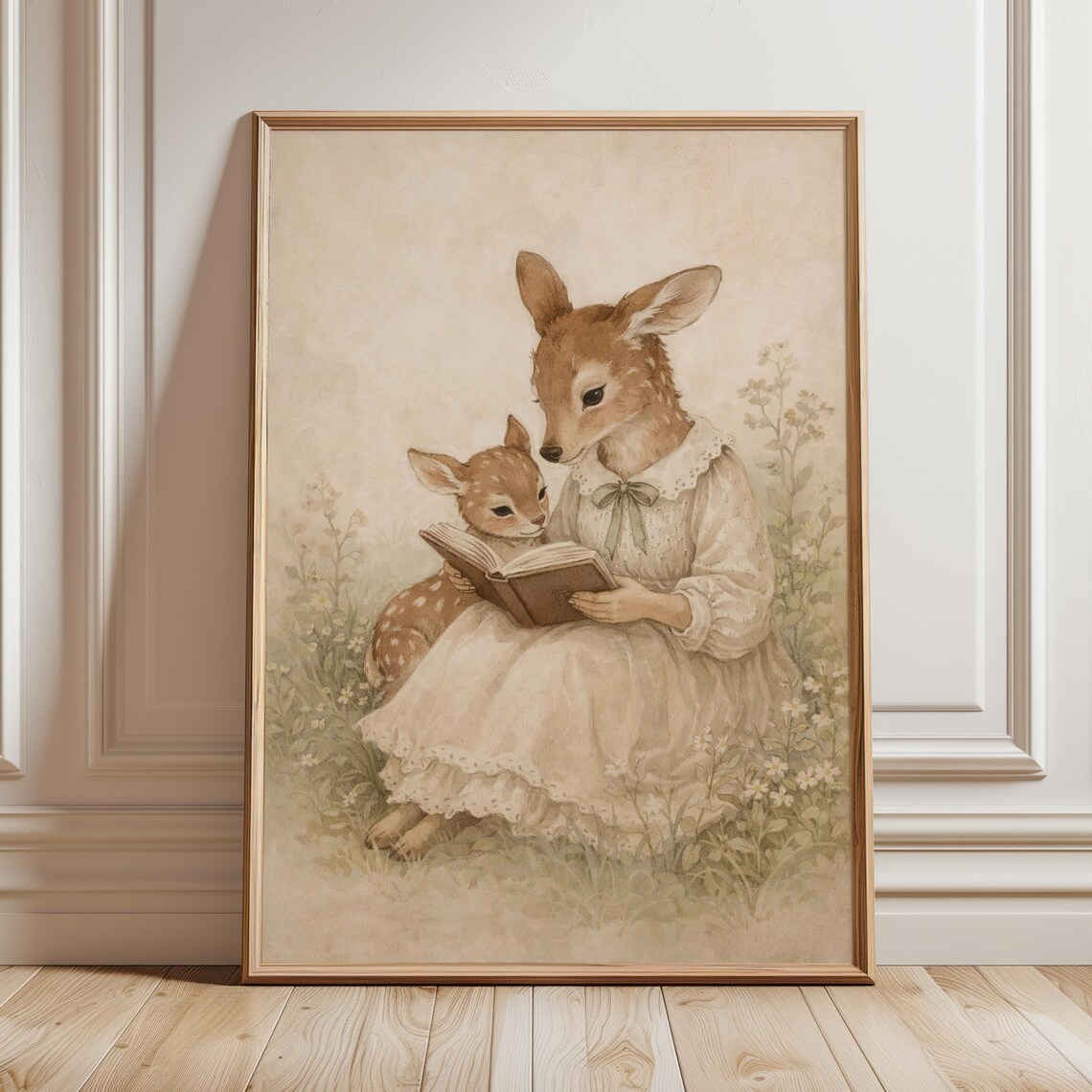 Deer Mother and Baby Reading Book Woodland Nursery Art Poster