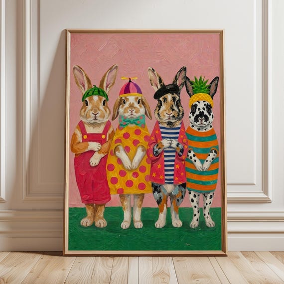 Colorful Rabbits Pop Art Print Maximalist Bunny Bold Funny Animal Poster Bright Kids Playroom Dopamine Decor Funky Bunnies Nursery Paint