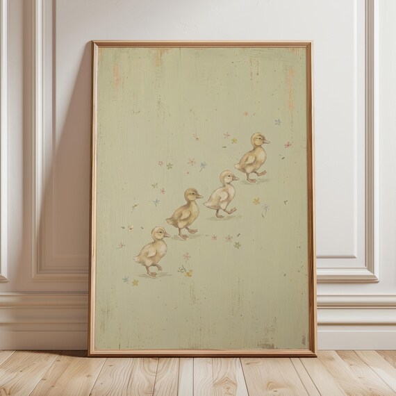 Four Baby Ducklings Sage Green Vintage Floral Nursery Poster